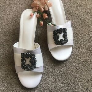 Satin Sandal. White w/Crystal Buckle. Size 9